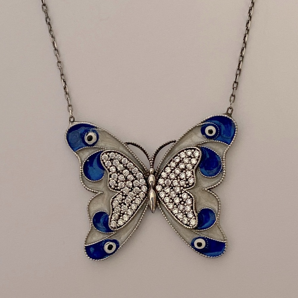 925 Silver blue butterfly enamel evil eye necklace